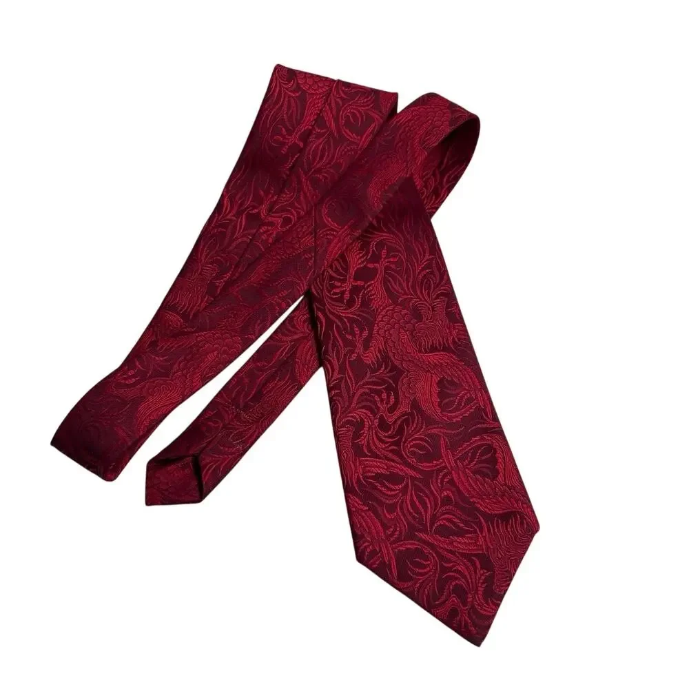 Vtg Necktie ERNST SF Union wide burgundy/red brocade floral/dragon design
